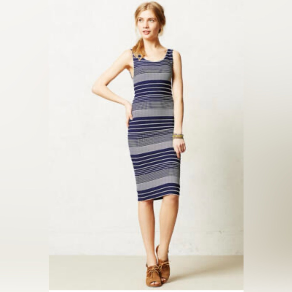 Maeve Navy and White Striped Midi Dress